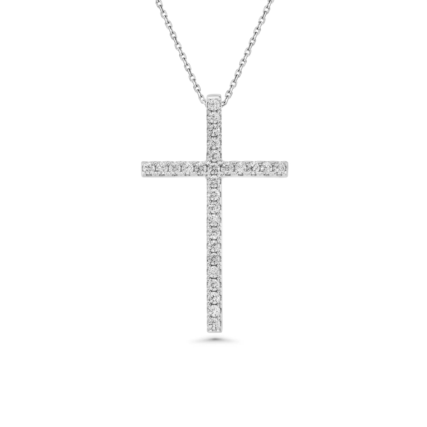925 Sterling Silver Rhodium Plated Cross Clear CZ 24.6mm x 39.5mm Adjustable Pendant Necklace