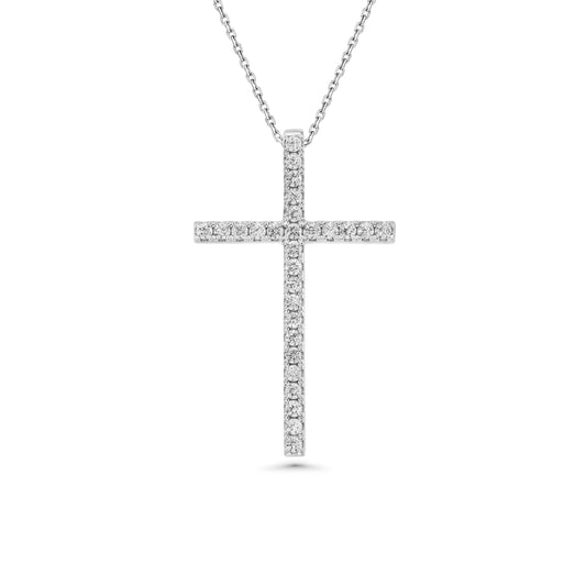 925 Sterling Silver Rhodium Plated Cross Clear CZ 24.6mm x 39.5mm Adjustable Pendant Necklace