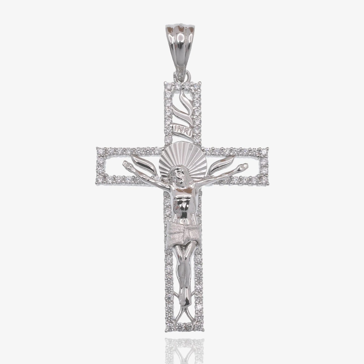 925 Sterling Silver Rhodium Plated Cross Diamond Cut Crucifix Clear CZ 26.5mm x 38.4mm Pendant