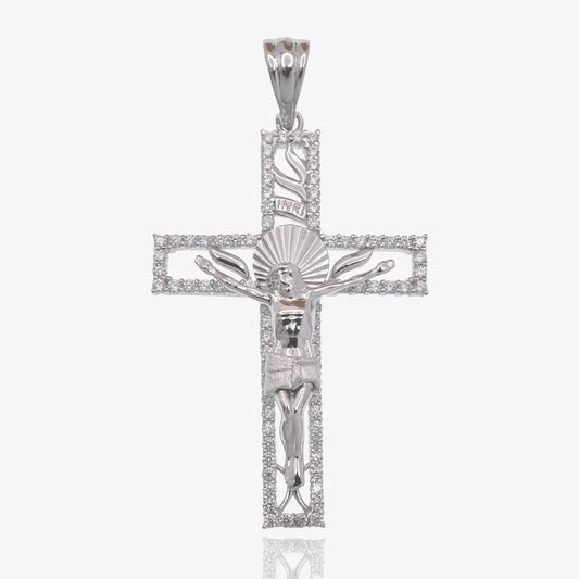 925 Sterling Silver Rhodium Plated Cross Diamond Cut Crucifix Clear CZ 26.5mm x 38.4mm Pendant