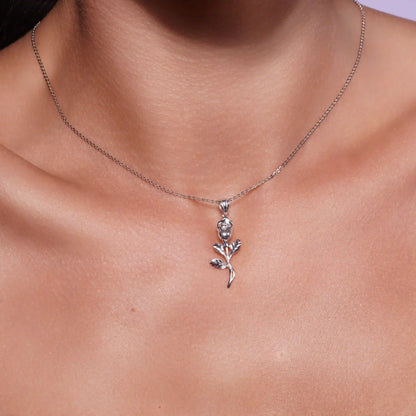 925 Sterling Silver Rhodium Plated Diamond Cut Rose Stem Pendant