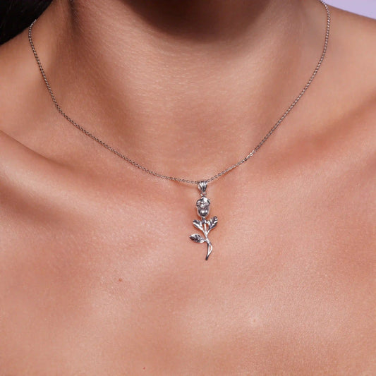925 Sterling Silver Rhodium Plated Diamond Cut Rose Stem Pendant