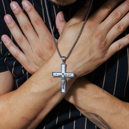 925 Sterling Silver Sandblasted Finish Diamond Cut Jesus Christ Cross Pendant