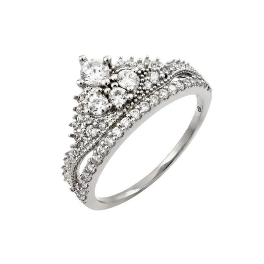 925 Sterling Silver Rhodium Plated Clear Round Pave Set CZ Tiara Ring