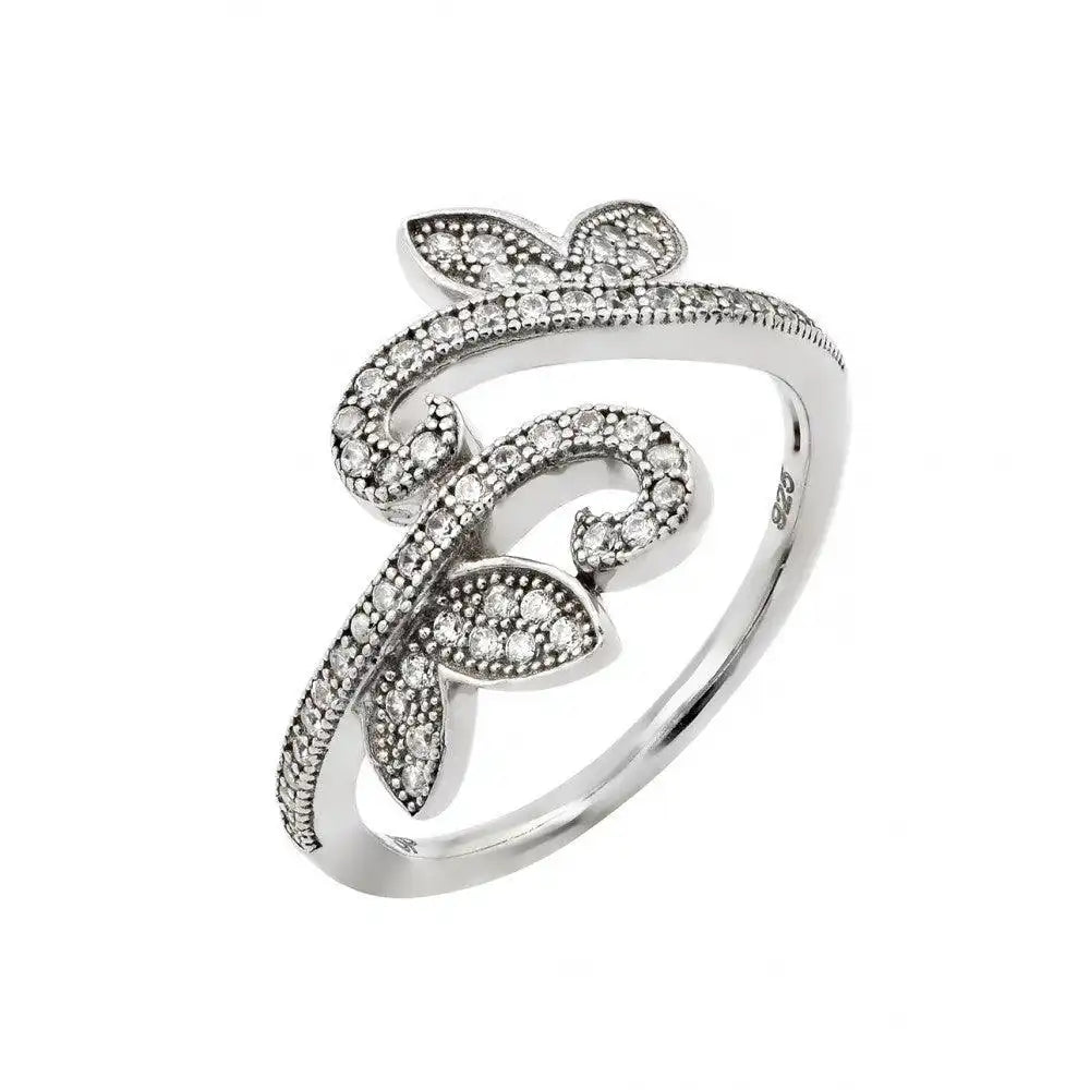 925 Sterling Silver Rhodium Plated Pave Set Clear CZ Leaf Vine Ring