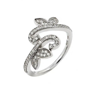 925 Sterling Silver Rhodium Plated Pave Set Clear CZ Leaf Vine Ring