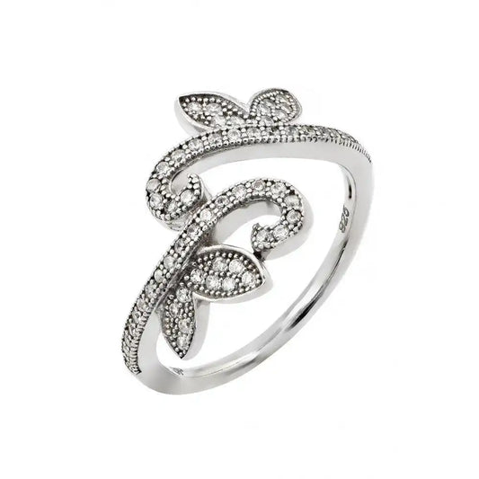 925 Sterling Silver Rhodium Plated Pave Set Clear CZ Leaf Vine Ring