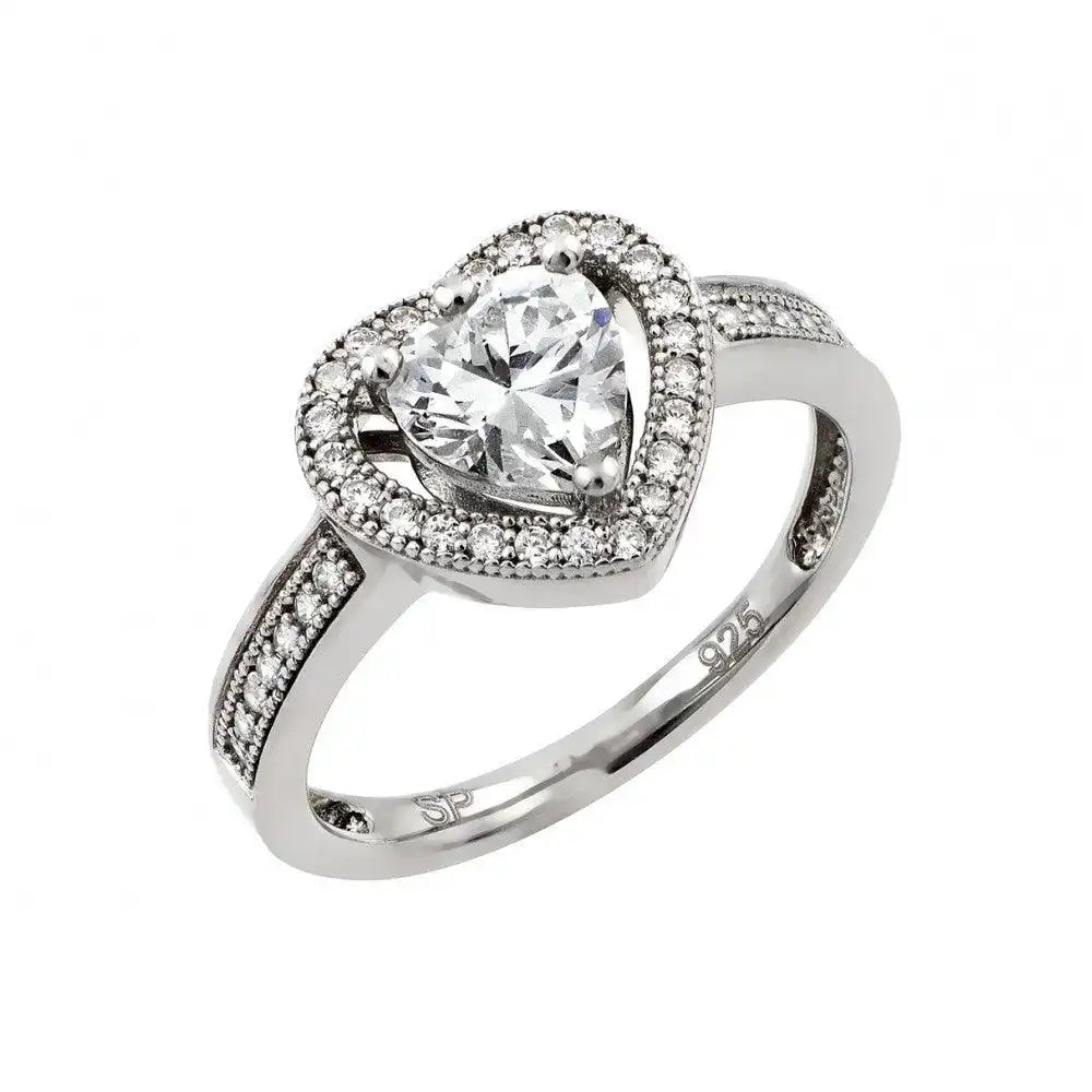 925 Sterling Silver Rhodium Plated Clear Micro Pave Set CZ Heart Ring