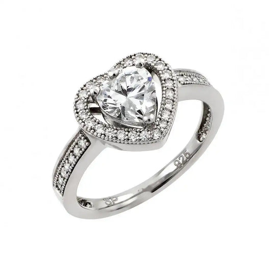 925 Sterling Silver Rhodium Plated Clear Micro Pave Set CZ Heart Ring