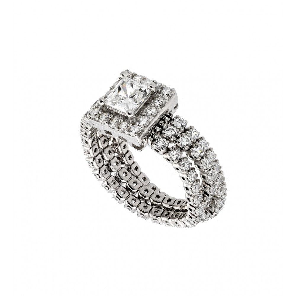 925 Silver Rhodium Plated Pave Set Clear CZ Flexible Square Ring