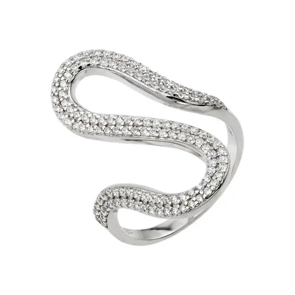 925 Sterling Silver Rhodium Plated Wavy CZ Ring