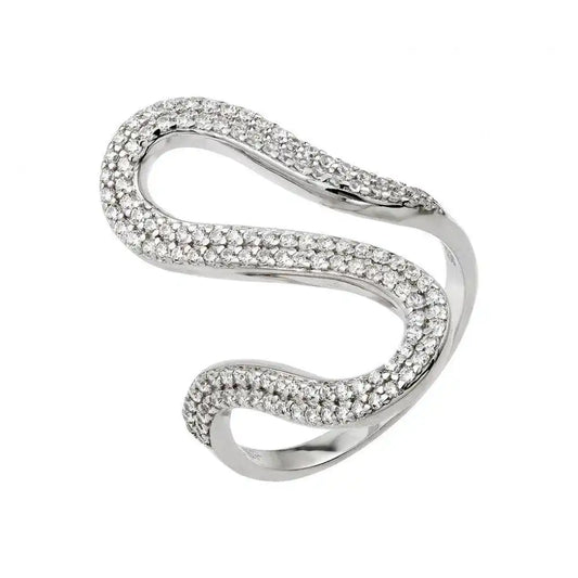 925 Sterling Silver Rhodium Plated Wavy CZ Ring
