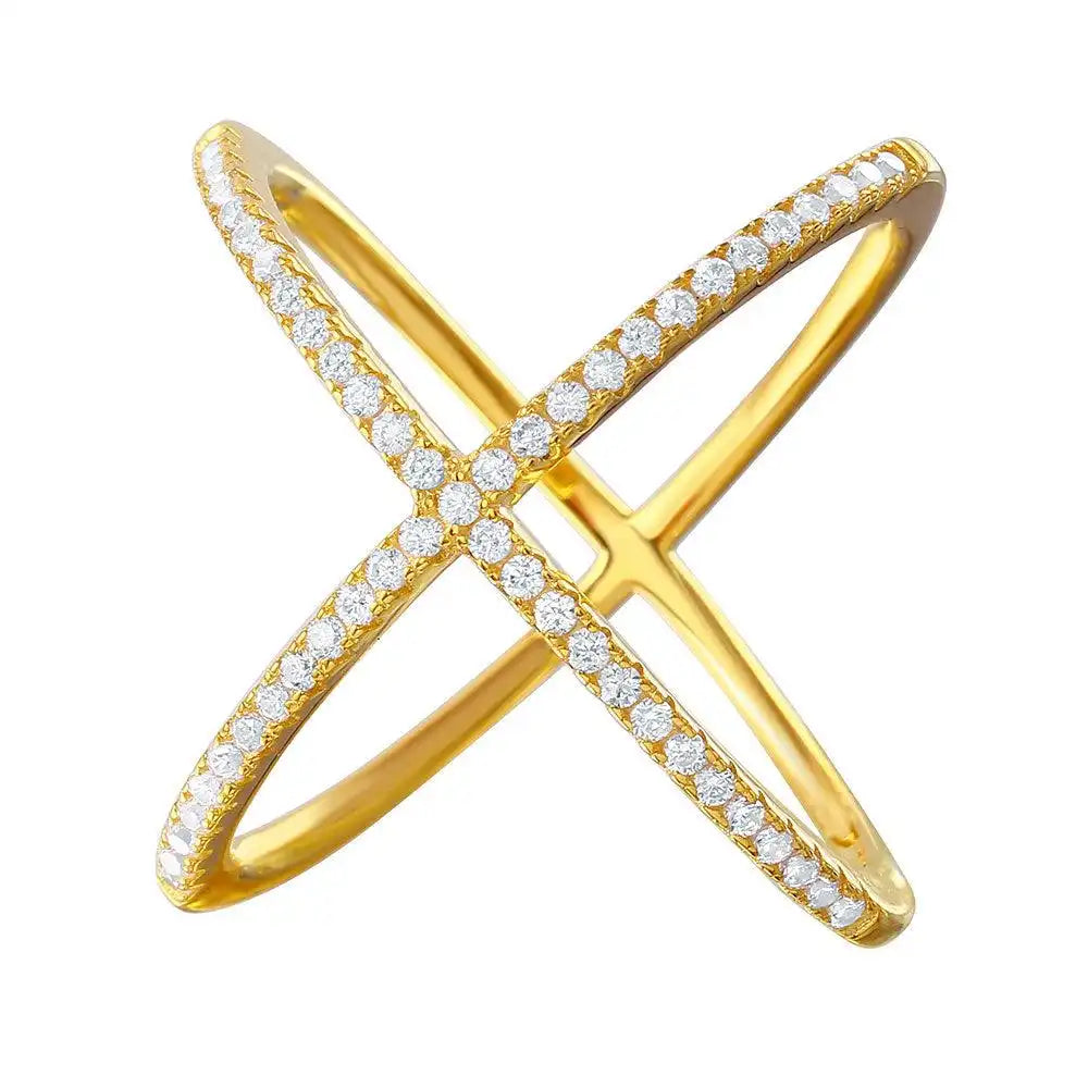 925 Sterling Silver Nickel Free Gold Plated 4 Way CZ Cross Ring