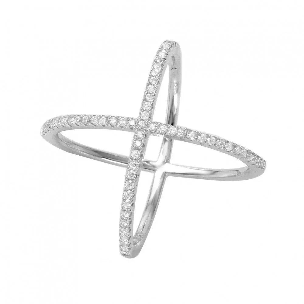 925 Sterling Silver Rhodium Plated 4 Way CZ Cross Ring