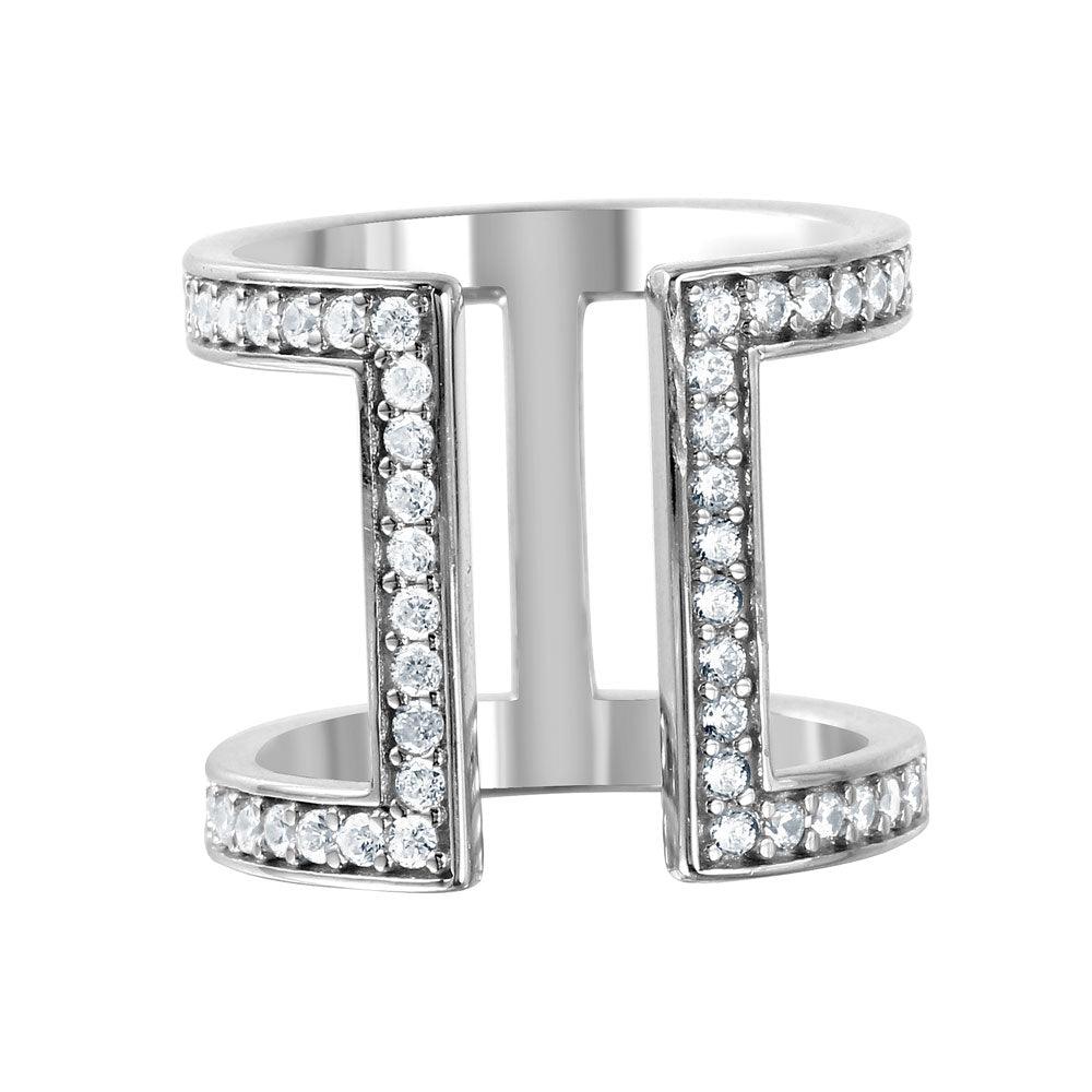 925 Silver Rhodium Plated CZ Double Bar Ring