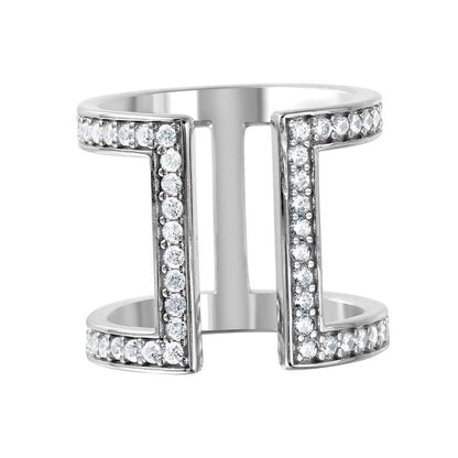 925 Silver Rhodium Plated CZ Double Bar Ring