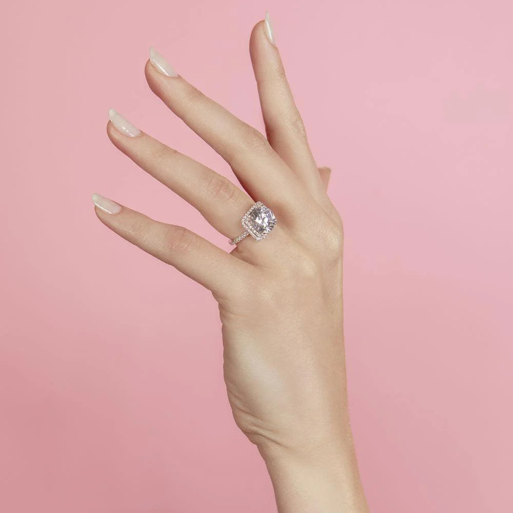 925 Sterling Silver Rhodium Plated Square Halo Ring with Round CZ Center Stone