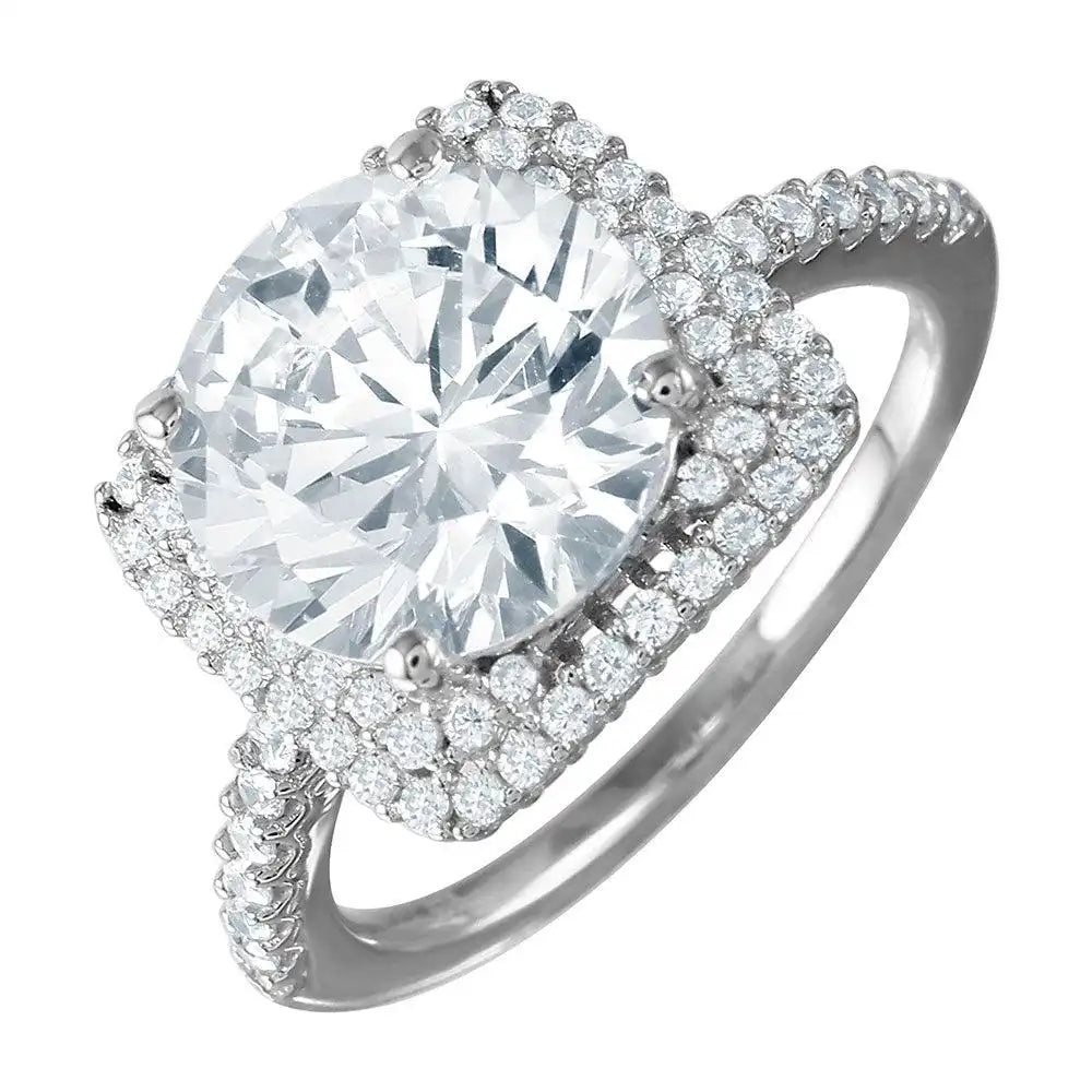 925 Sterling Silver Rhodium Plated Square Halo Ring with Round CZ Center Stone