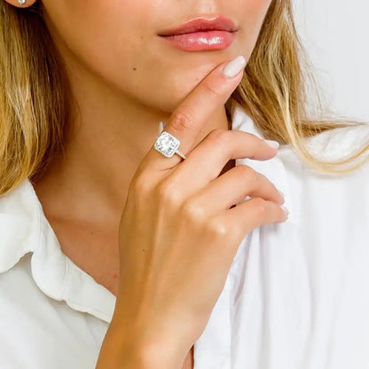 925 Sterling Silver Rhodium Plated Square Halo Ring with Round CZ Center Stone