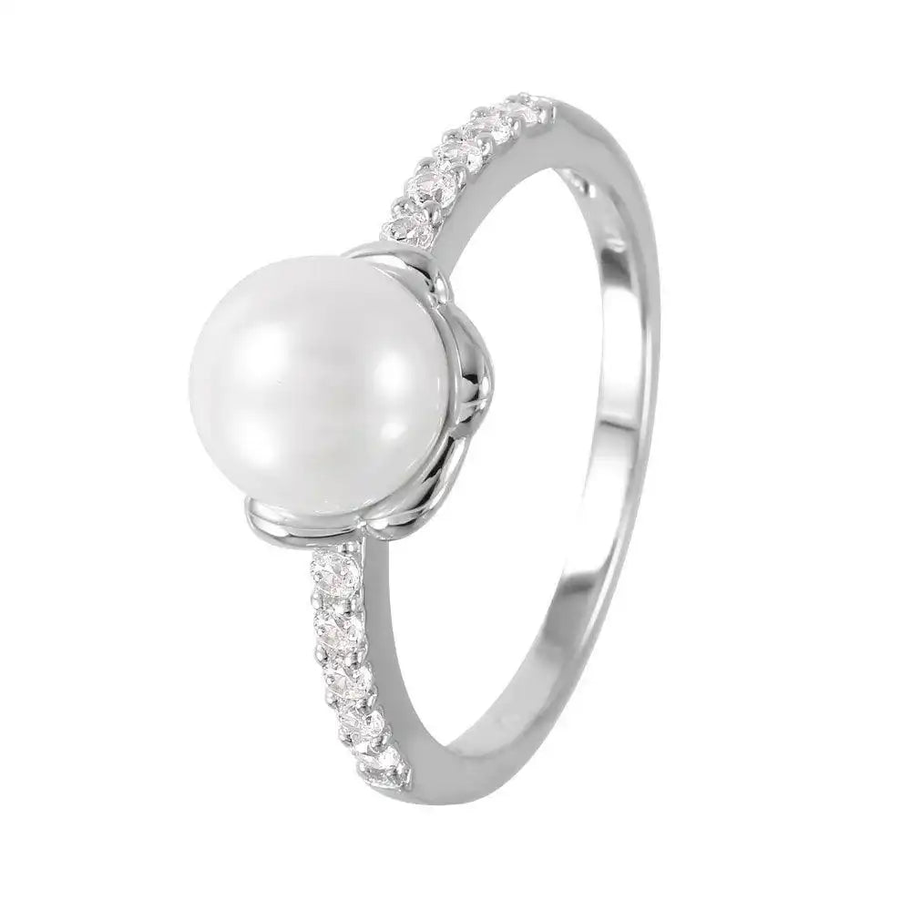 925 Sterling Silver Rhodium Plated Faux Pearl CZ Accent Ring