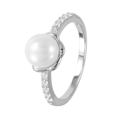 925 Sterling Silver Rhodium Plated Faux Pearl CZ Accent Ring