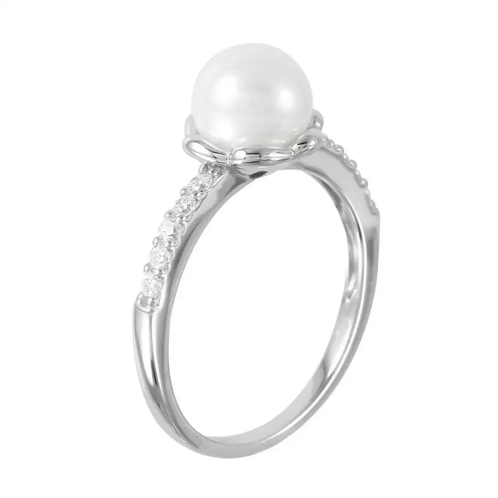 925 Sterling Silver Rhodium Plated Faux Pearl CZ Accent Ring