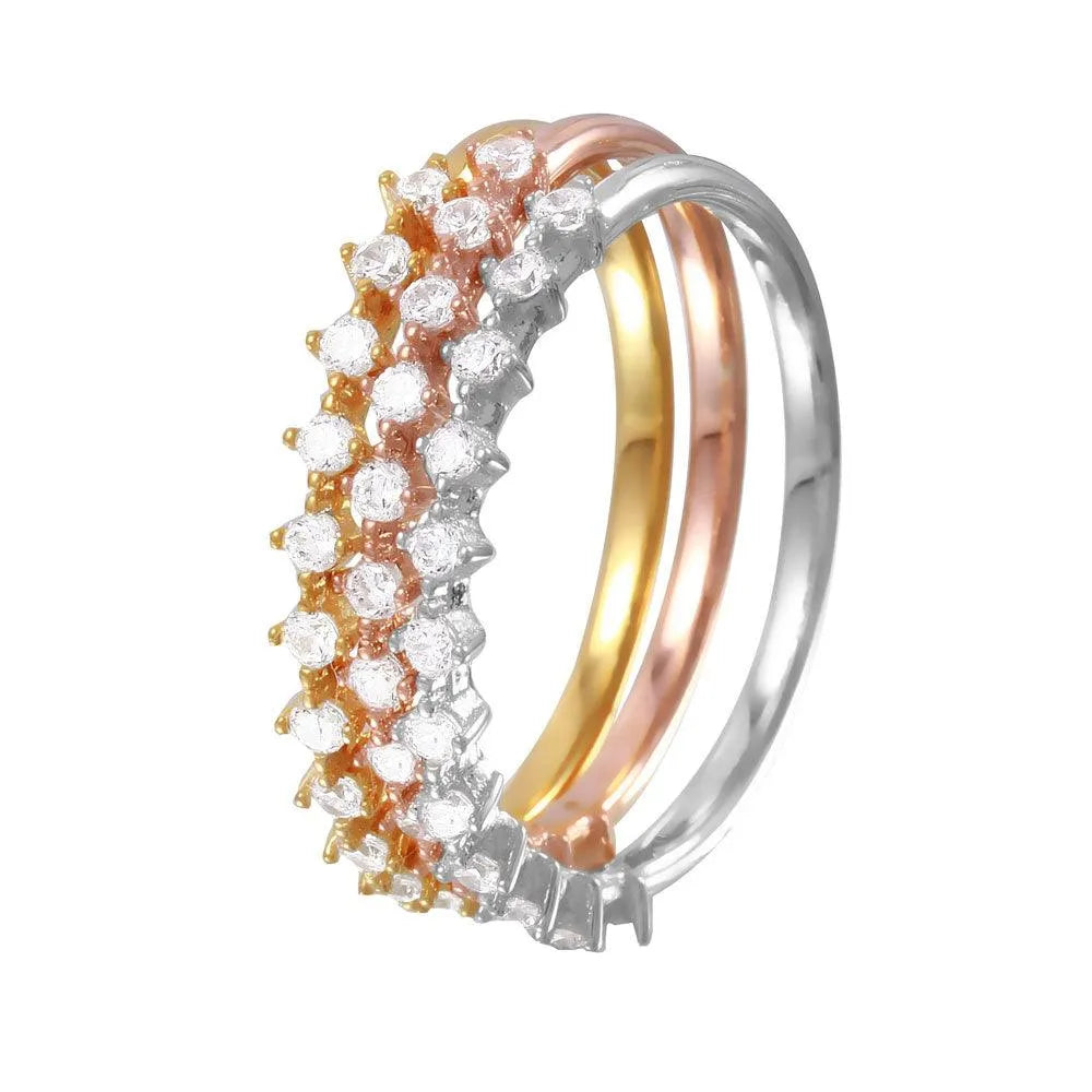 925 Sterling Silver Rhodium Plated Tri-Color Stackable CZ Ring