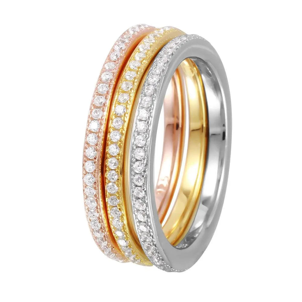 925 Sterling Silver Rhodium Plated Tri-Color Stackable CZ Inlay Ring