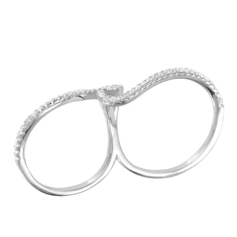 925 Silver Rhodium Plated CZ Two-Finger Ring