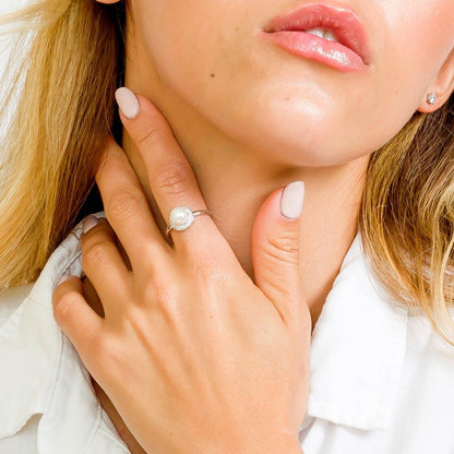 925 Silver Rhodium Plated Round Band with Synthetic Pearl CZ Halo Ring