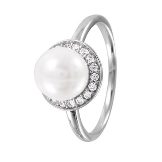 925 Silver Rhodium Plated Round Band with Synthetic Pearl CZ Halo Ring