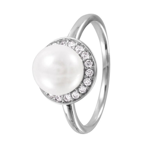 925 Silver Rhodium Plated Round Band with Synthetic Pearl CZ Halo Ring
