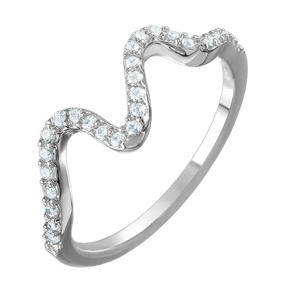 925 Sterling Silver Rhodium Plated Thin Wavy CZ Inlay Ring