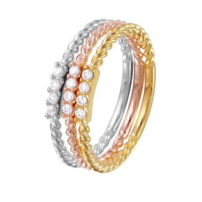 925 Sterling Silver Rhodium Plated Tri-Color Textured Stackable CZ Inlay Ring