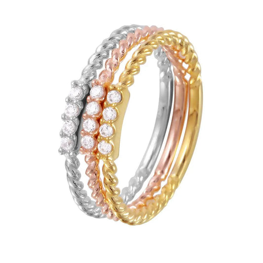 925 Sterling Silver Rhodium Plated Tri-Color Textured Stackable CZ Inlay Ring