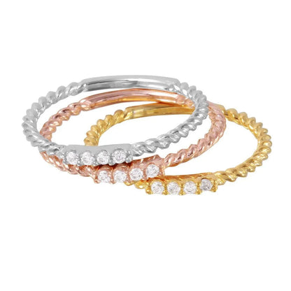 925 Sterling Silver Rhodium Plated Tri-Color Textured Stackable CZ Inlay Ring