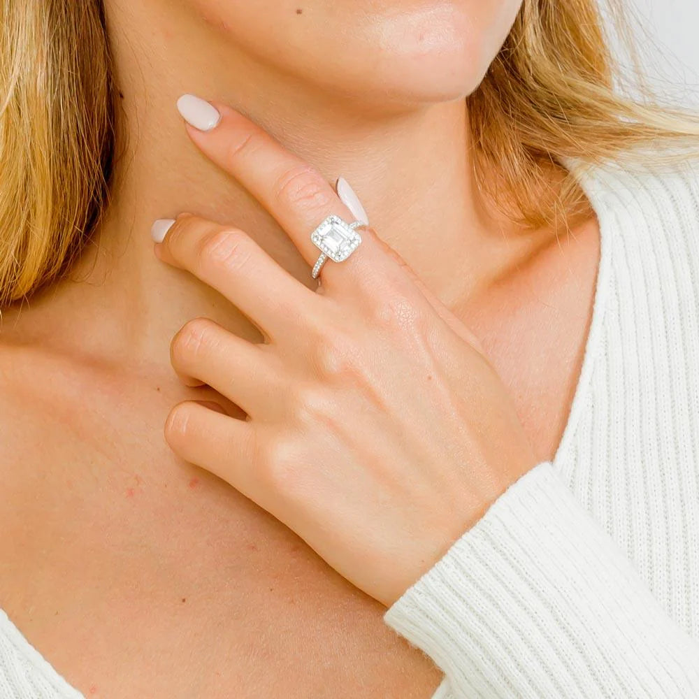 925 Sterling Silver Rhodium Plated Emerald Cut Halo Ring