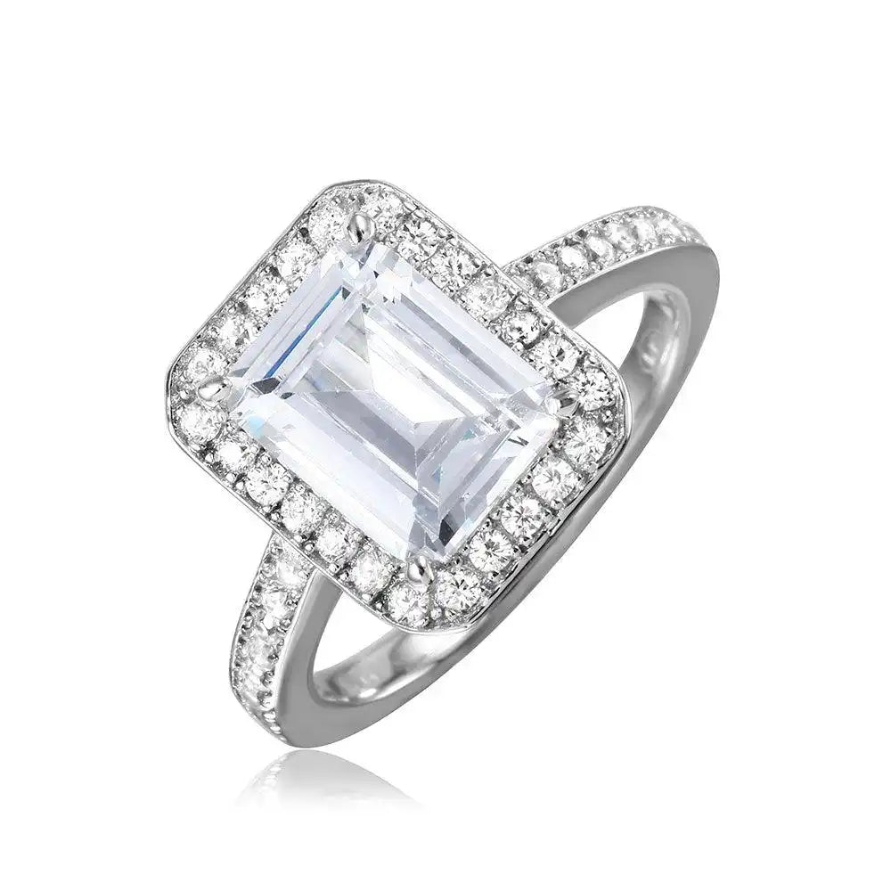 925 Sterling Silver Rhodium Plated Emerald Cut Halo Ring