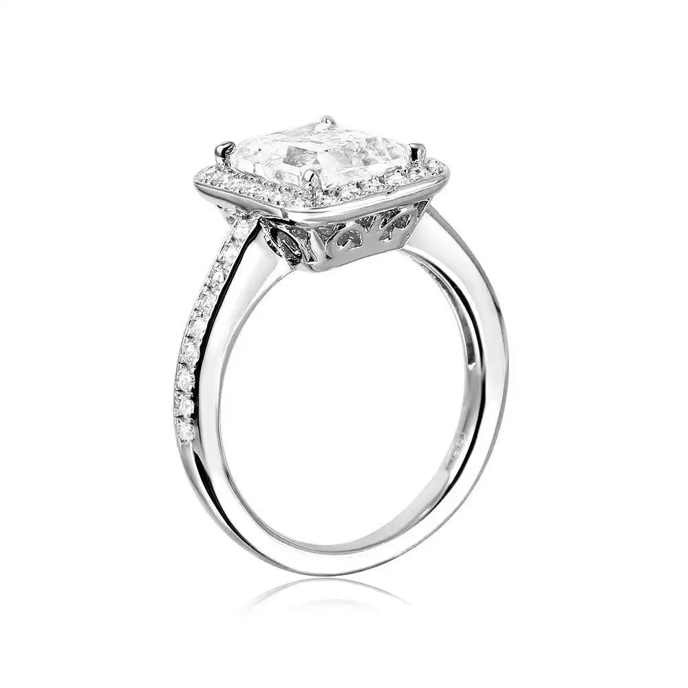 925 Sterling Silver Rhodium Plated Emerald Cut Halo Ring