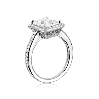 925 Sterling Silver Rhodium Plated Emerald Cut Halo Ring