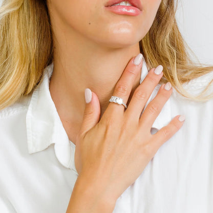 925 Silver Rhodium Plated 3 Rectangle CZ Center Ring