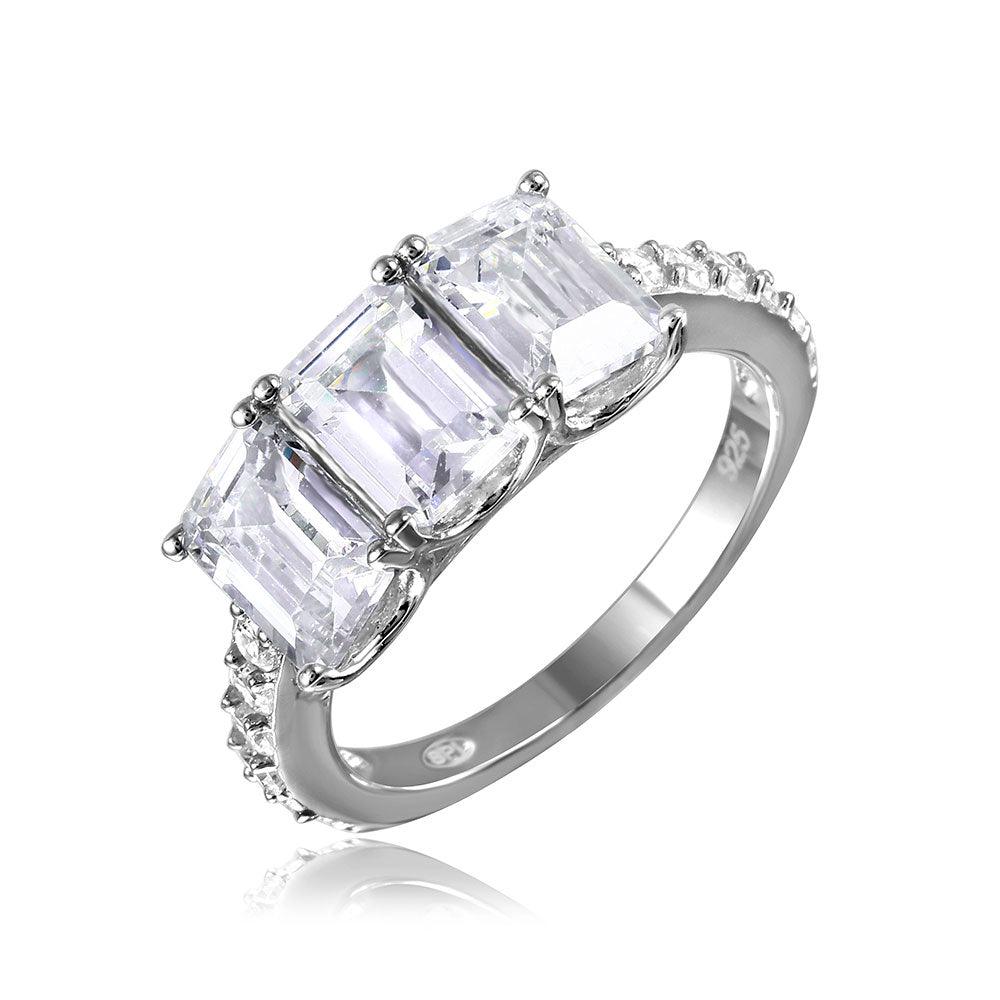 925 Silver Rhodium Plated 3 Rectangle CZ Center Ring