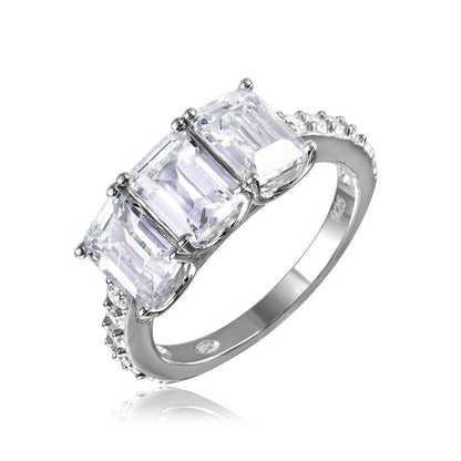 925 Silver Rhodium Plated 3 Rectangle CZ Center Ring