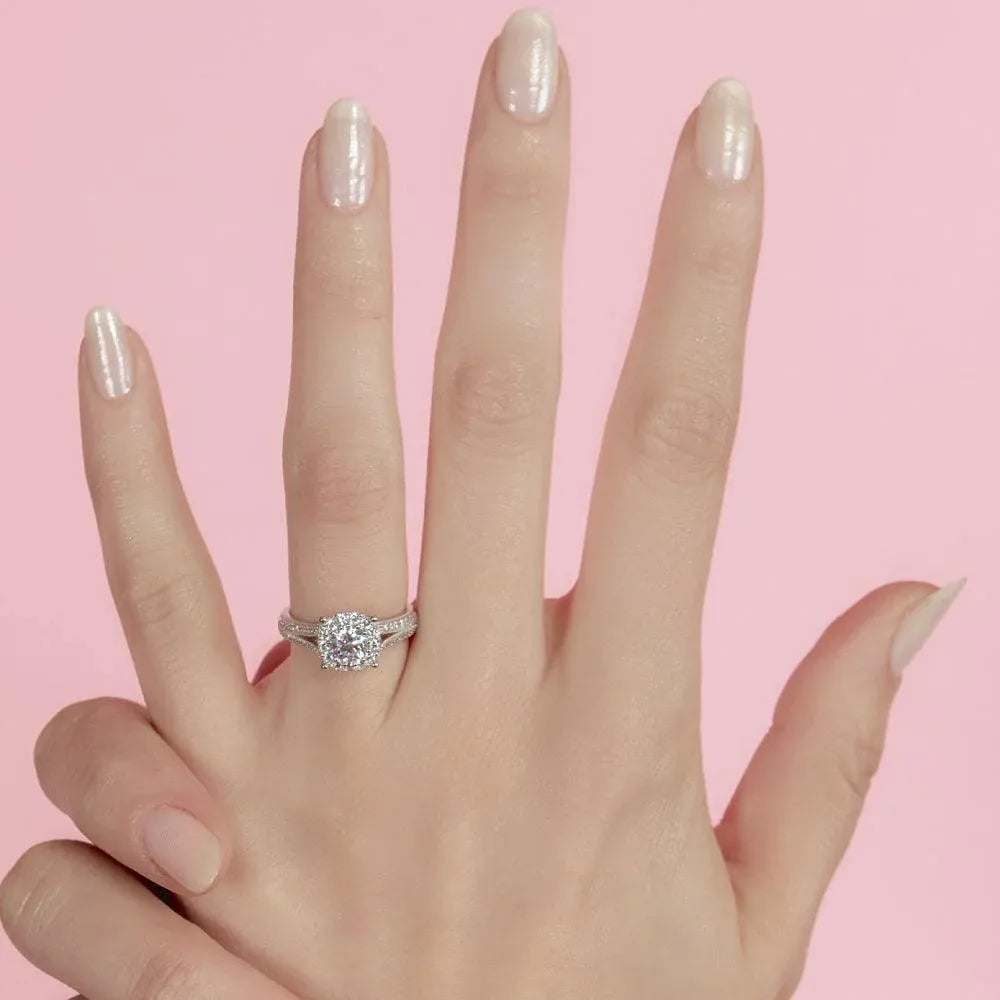 925 Silver Rhodium Plated Halo Ring Encrusted with Micro Pave