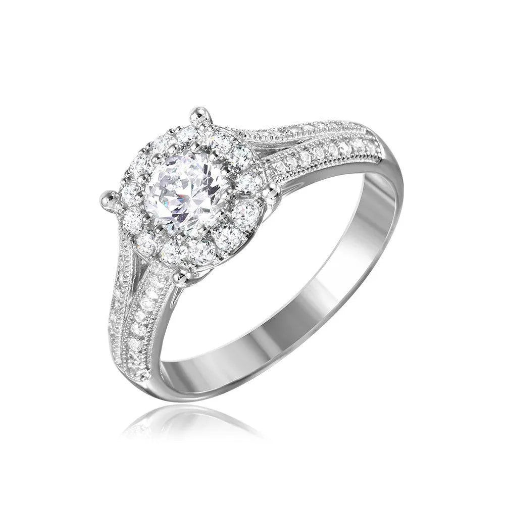 925 Silver Rhodium Plated Halo Ring Encrusted with Micro Pave