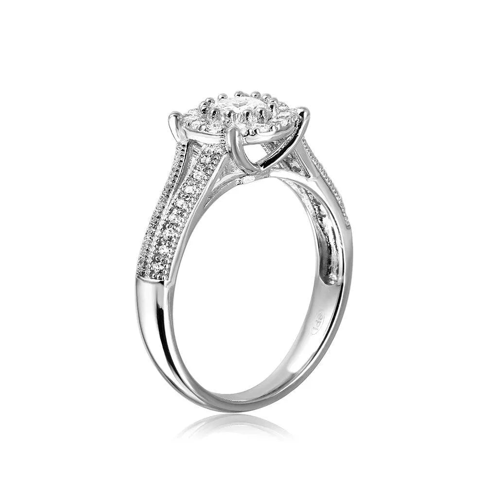 925 Silver Rhodium Plated Halo Ring Encrusted with Micro Pave