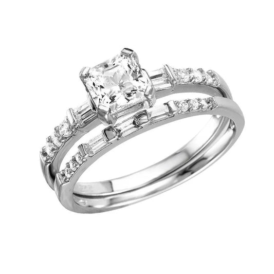 925 Sterling Silver Rhodium Plated Square Center Baguette CZ Stones Ring