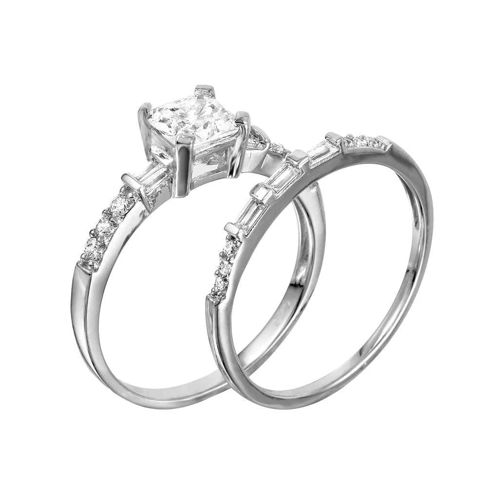 925 Sterling Silver Rhodium Plated Square Center Baguette CZ Stones Ring