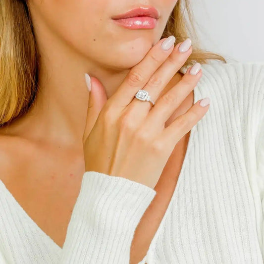 925 Sterling Silver Rhodium Plated Square Halo Ring