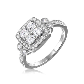925 Sterling Silver Rhodium Plated Square Halo Ring